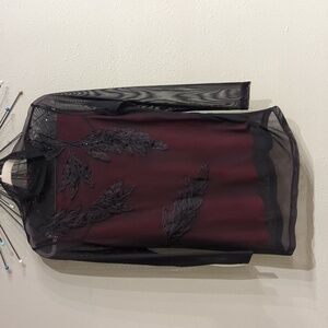 Sheer mesh shirt dress black red embroidered XL women's fairy core goth